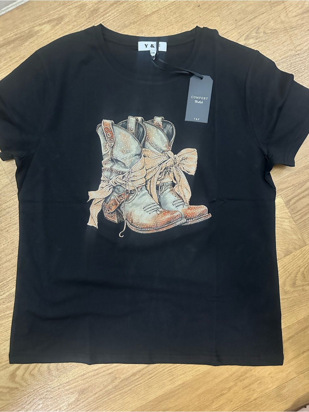 Black Graphic Tee with Illustrated Ankle Boots